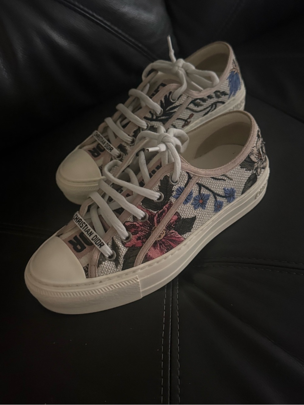 Dior Low-Top Floral Canvas Sneakers in White with Pink & Blue Accents